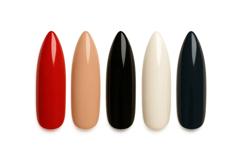 Collection of classic stiletto nails in various solid colors