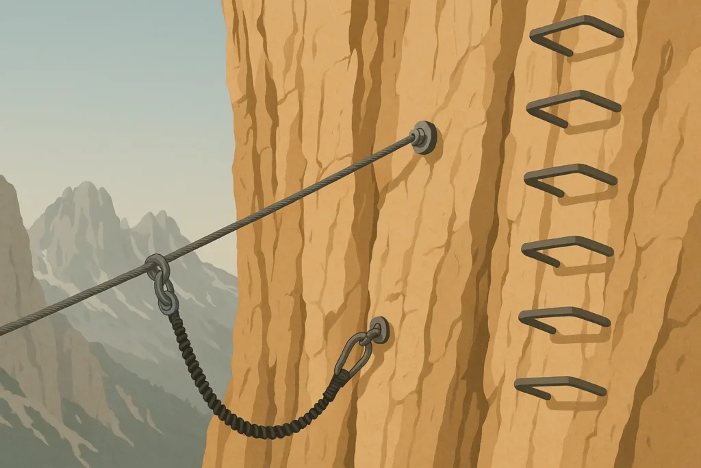 Hikers on via ferrata route with safety equipment and mountain views