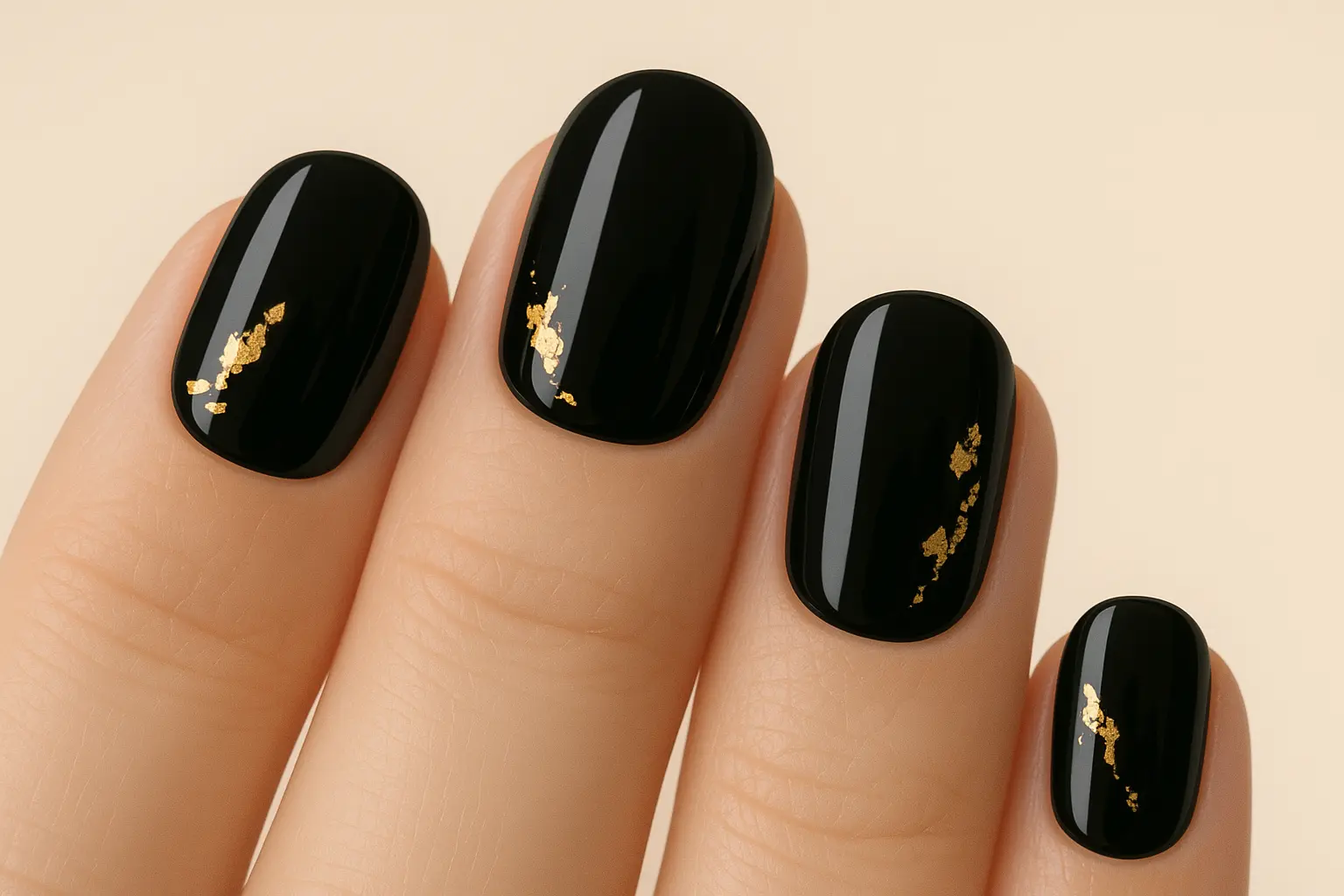 Black nails with gold foil accents luxury