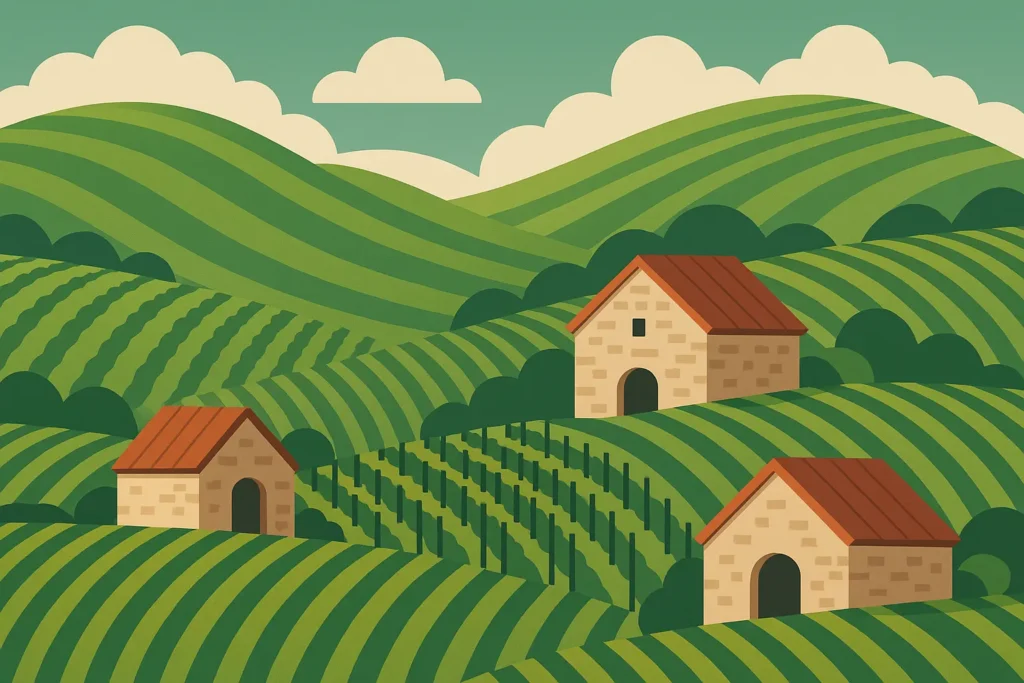 Provence vineyard with rosé wine bottles