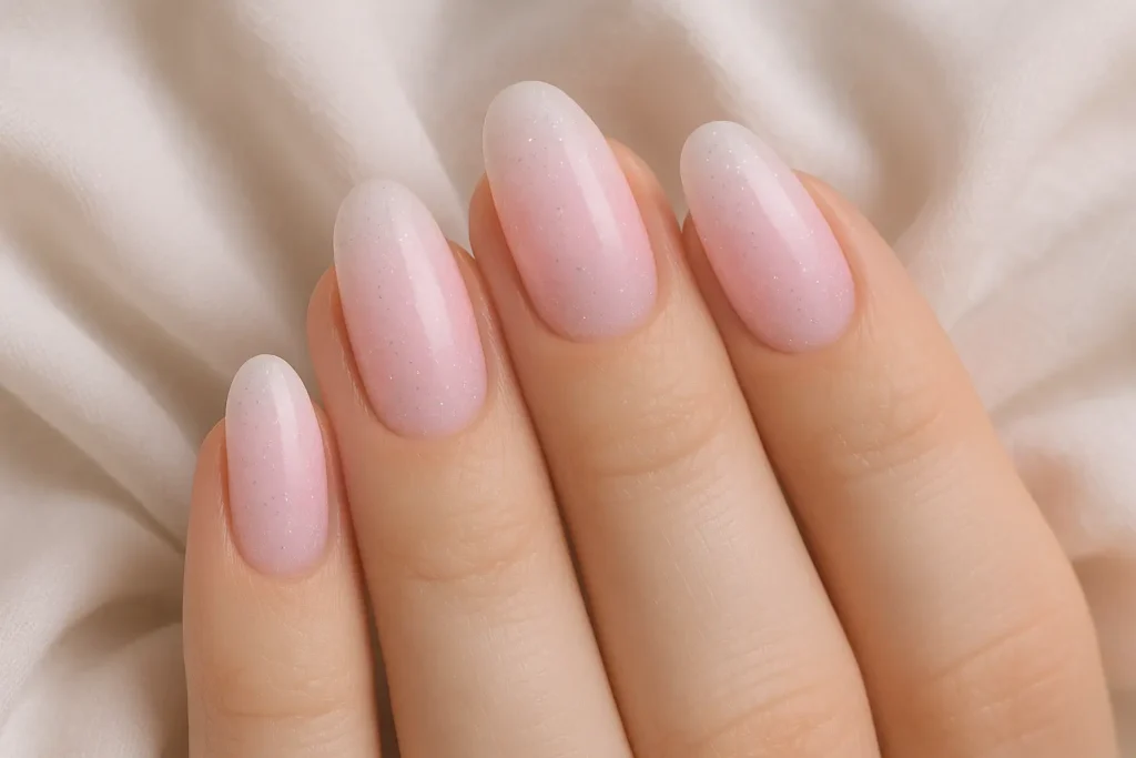 Cotton candy pink and white ombre nails with silver dust