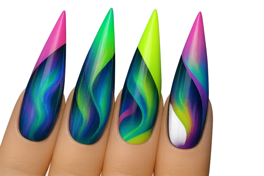 2025 trending stiletto nails featuring aurora effects and minimalist art