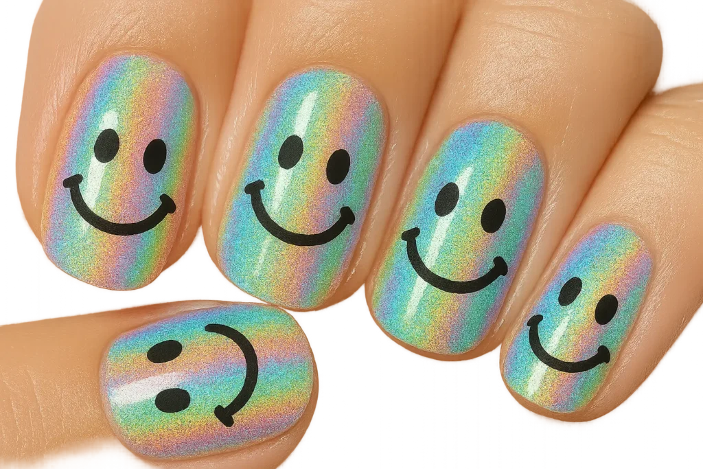 Holographic smiley face nail design