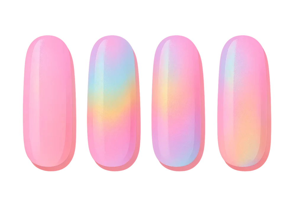 Holographic pink ombre nail design with rainbow effects