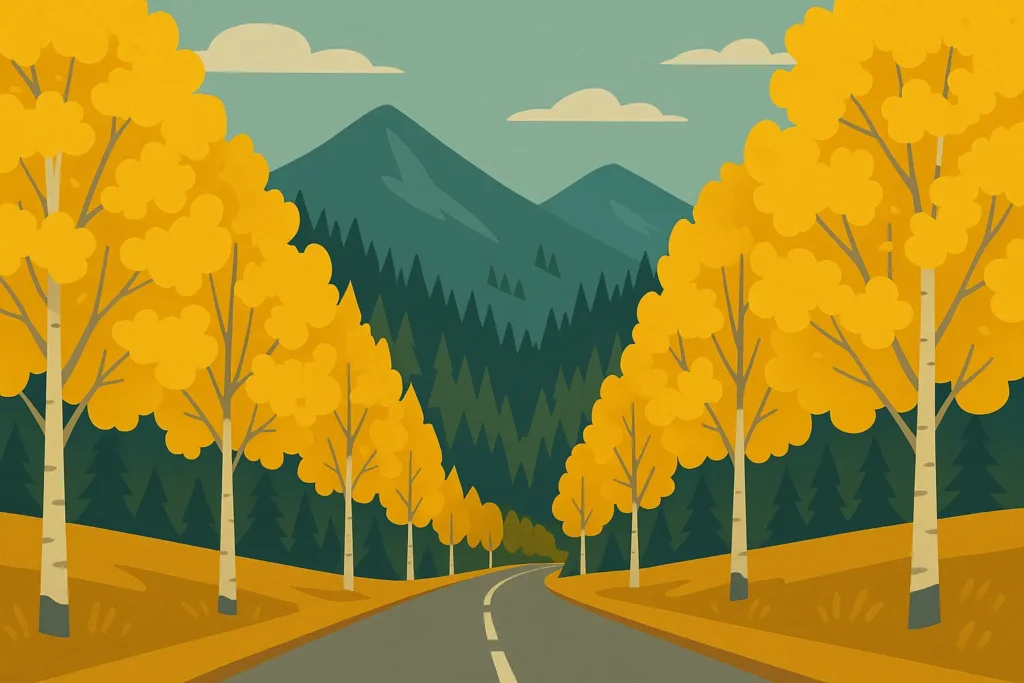 Montana fall foliage showing golden aspen trees and autumn harvest festival scenes