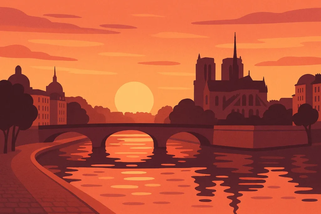 Romantic Paris scene with Seine River and bridges