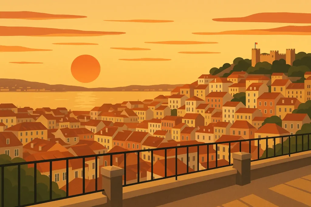 Romantic sunset view over Lisbon's red-tiled rooftops and Tagus River