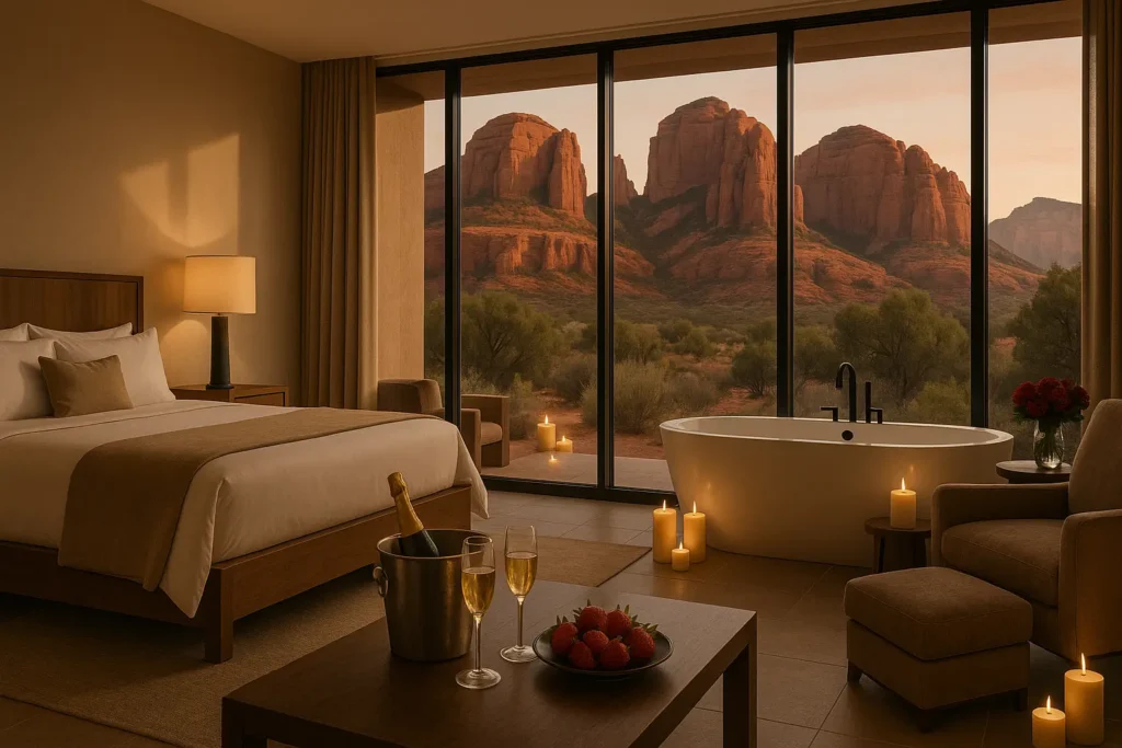 Romantic couples dinner with red rock sunset backdrop
