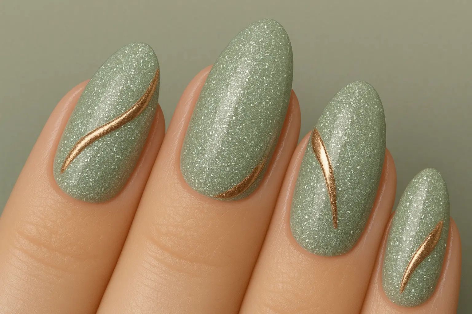 Earthy sage green glitter nails with bronze accents