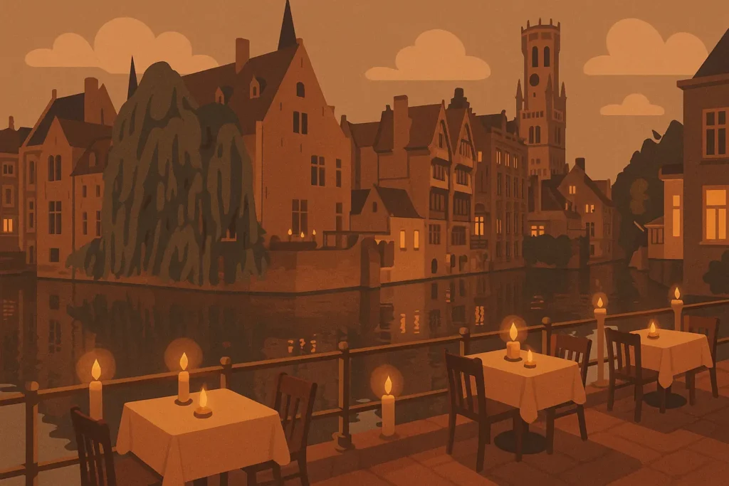 Romantic canal scene in Bruges with historic buildings
