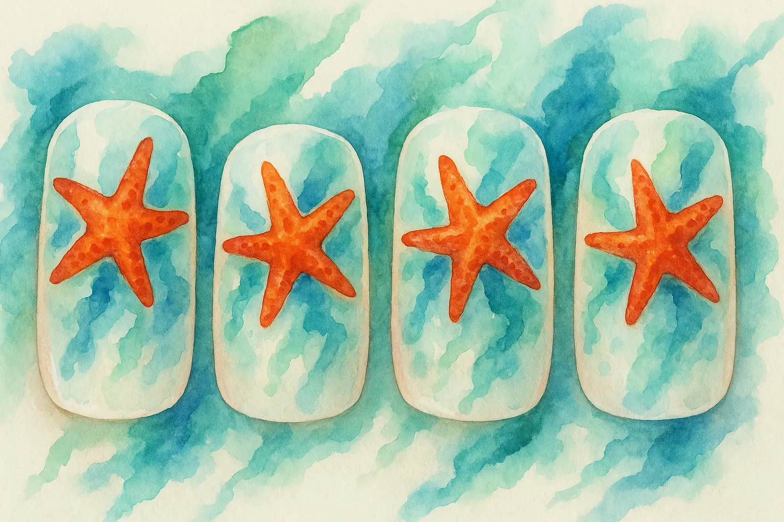 Watercolor-style starfish nail art with flowing artistic effects