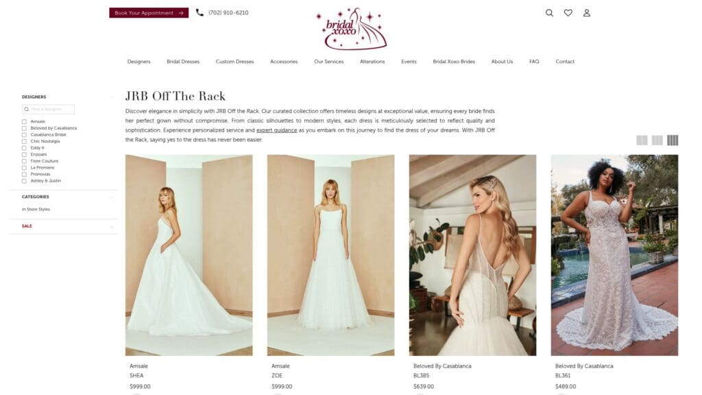 Bridal XOXO off-the-rack collection page