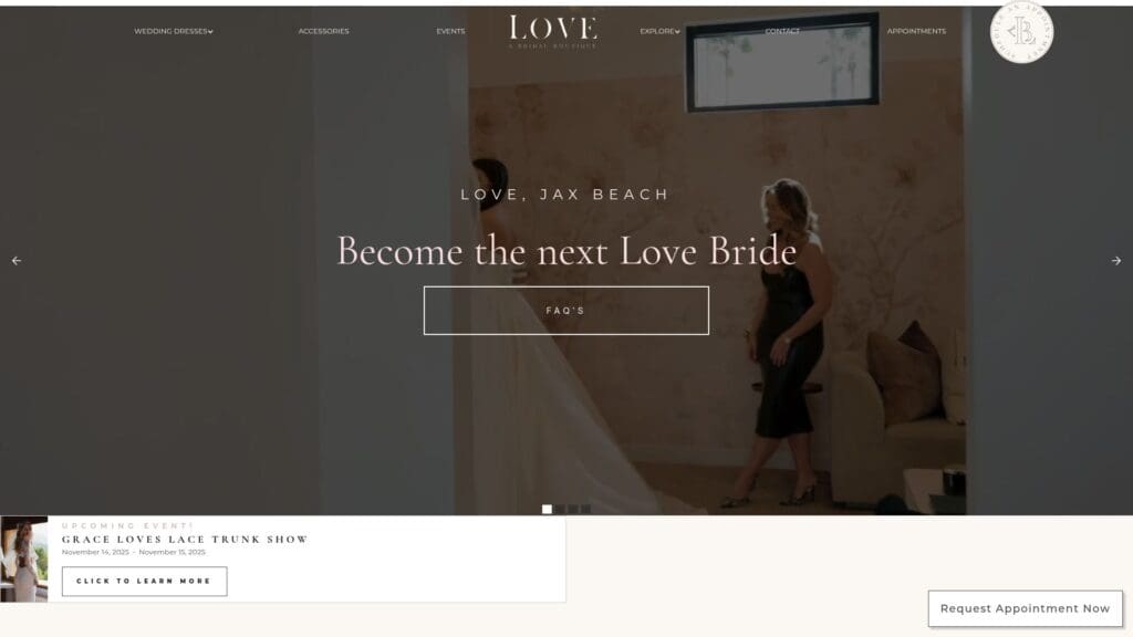 Love, a Bridal Boutique website homepage