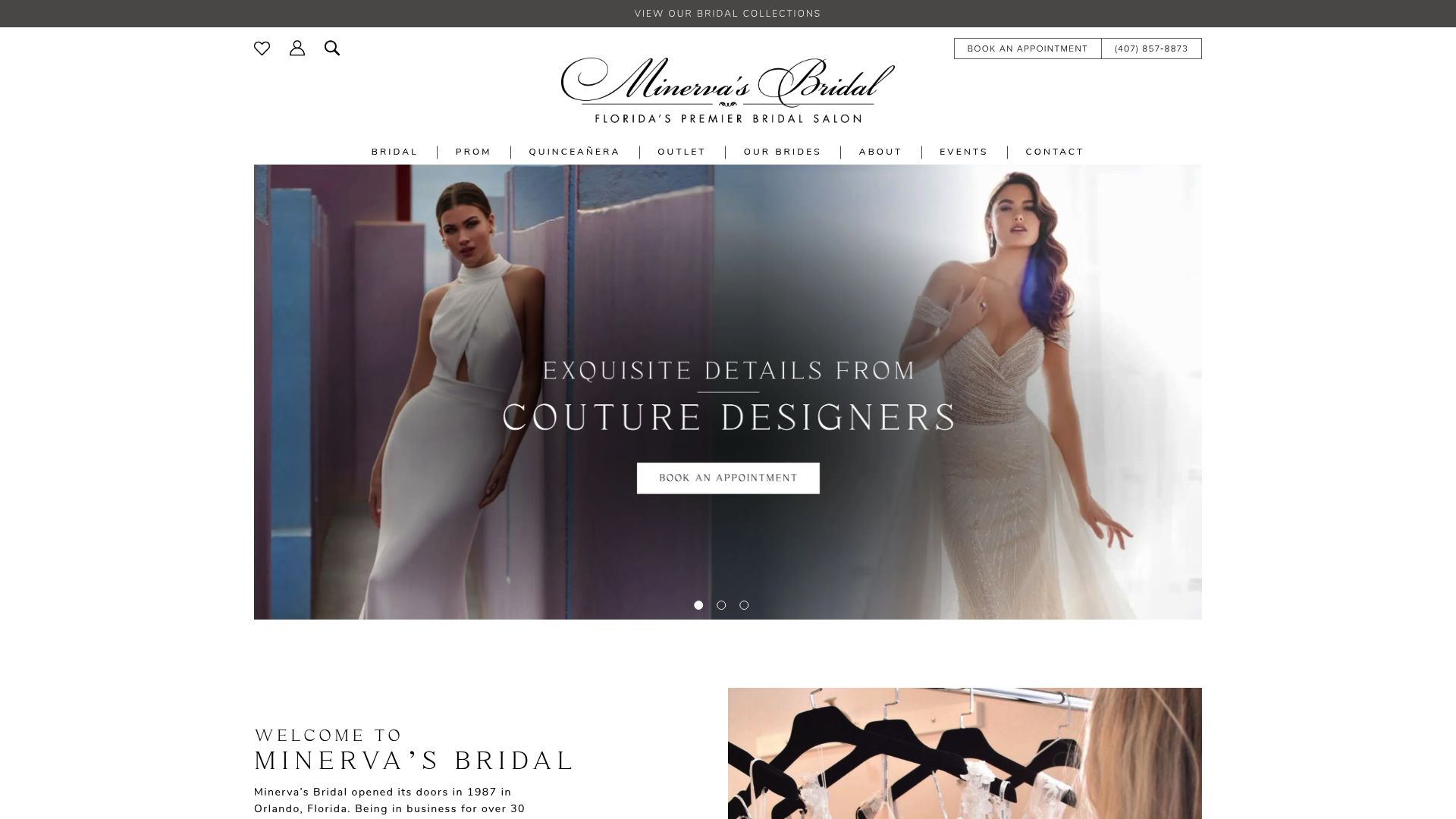 Minerva's Bridal website homepage