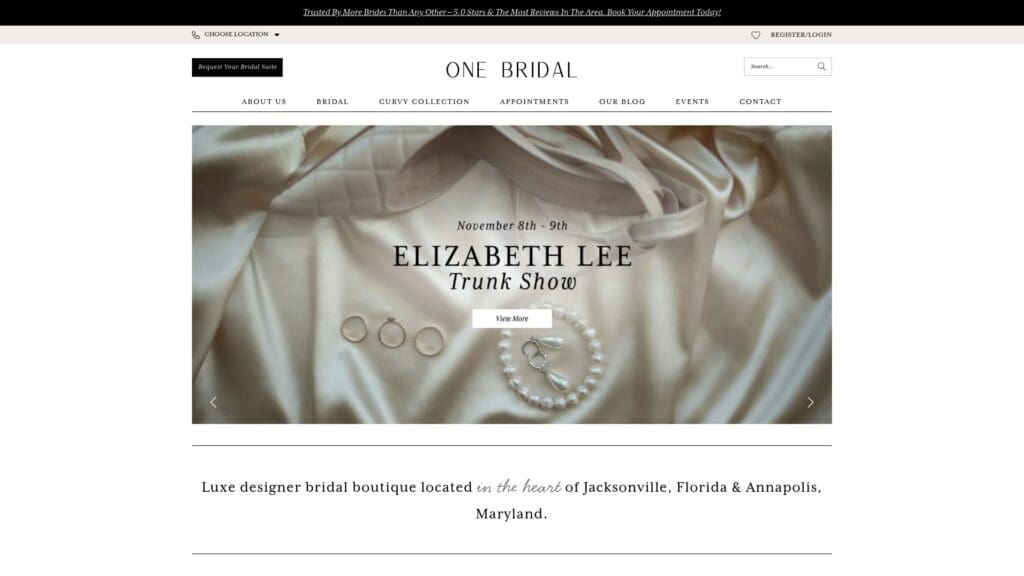 One Bridal Boutique website homepage