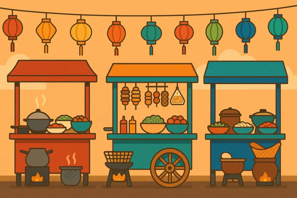 Bangkok street food vendors preparing traditional Thai dishes