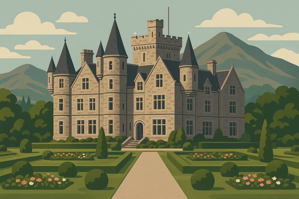 Luxury Scottish castle hotel with elegant dining room and Highland views