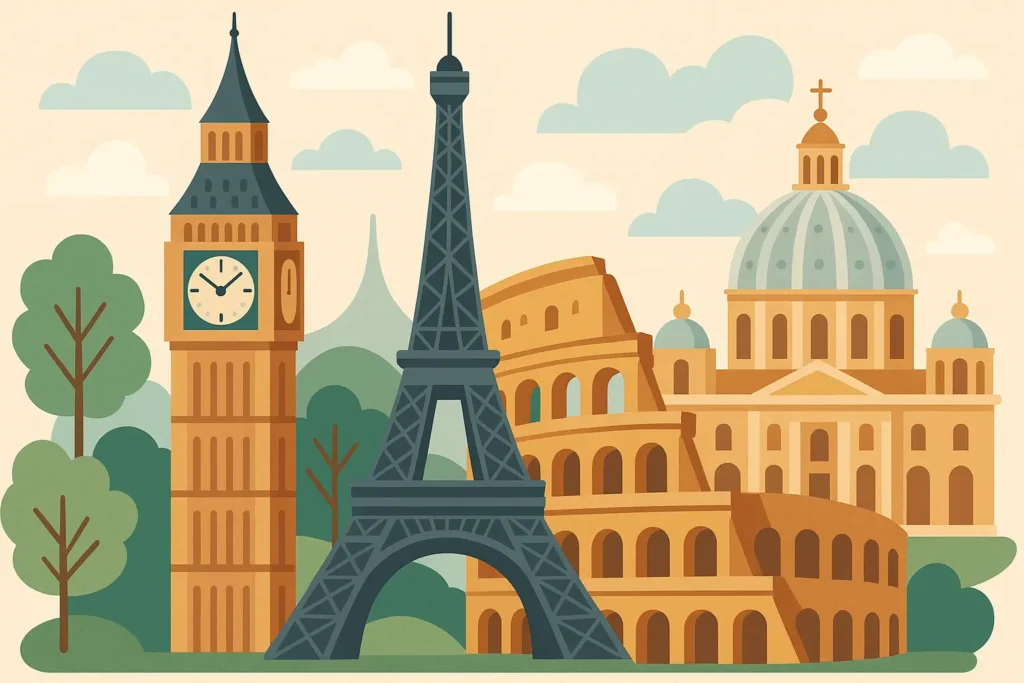 Classic European destinations including Paris, Rome, and Amsterdam