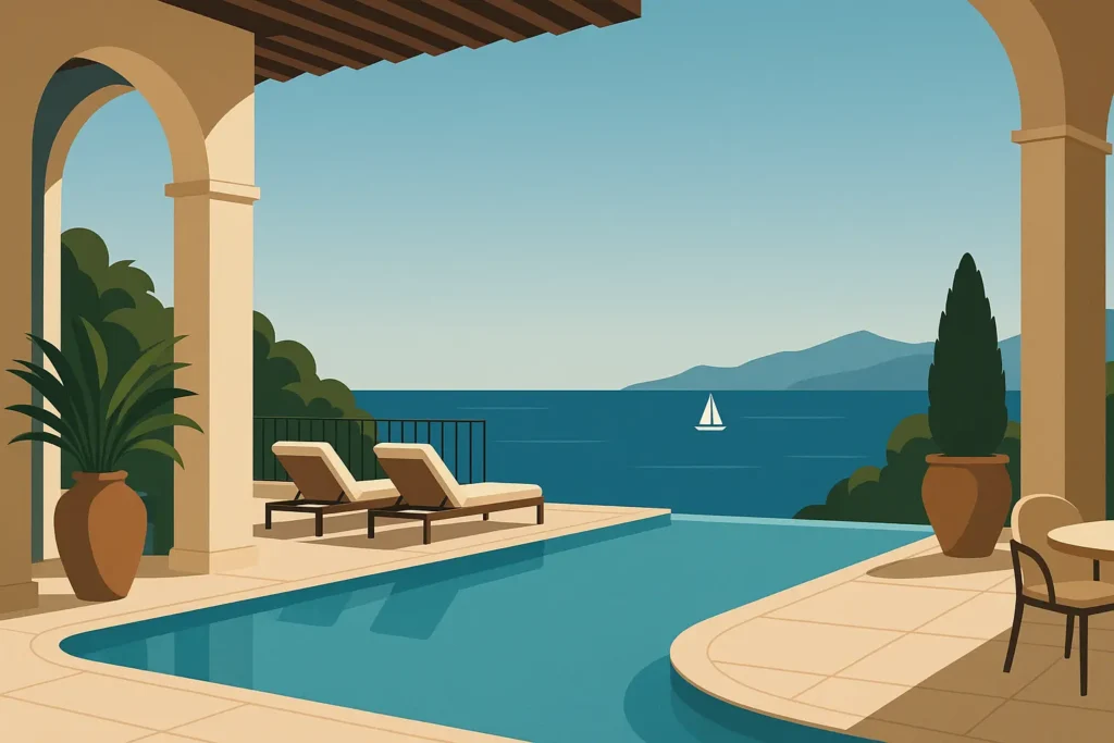 Luxury resort pool overlooking Mediterranean coastline in Mallorca