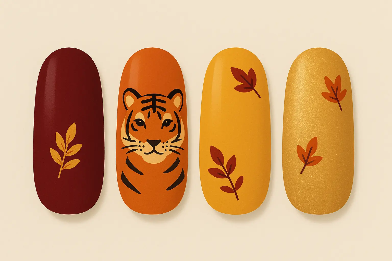 Autumn tiger nail designs with fall colors and leaf accents