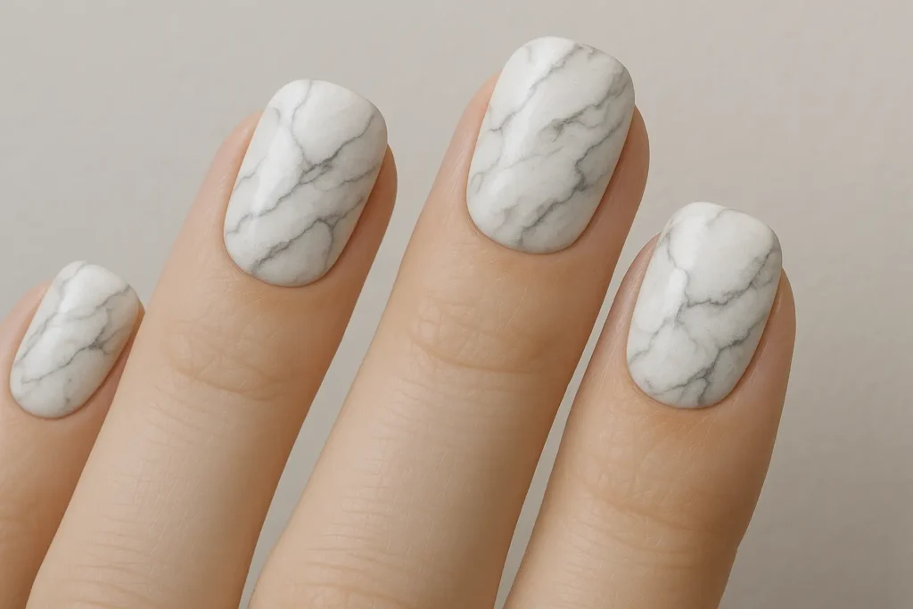 Marble veined white gel nail design