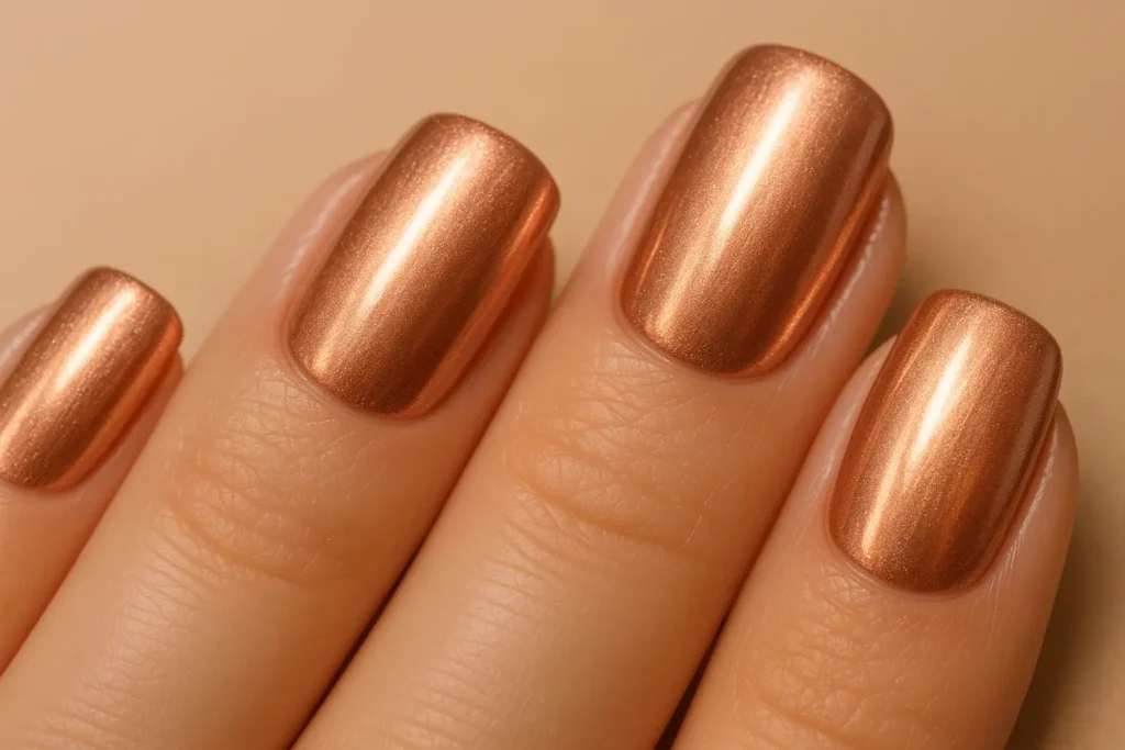 Rose gold metallic nail finish on elegant hands