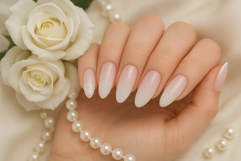 Wedding pink ombre nails with bridal white glitter