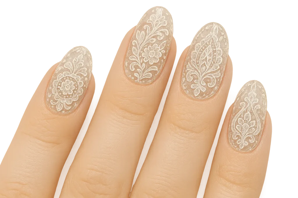 Vintage crystal lace pattern nail design