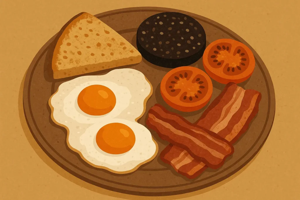 Traditional Irish breakfast with Ulster Fry components on rustic table
