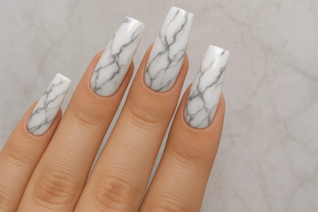 Marble stone effect nail art with natural patterns