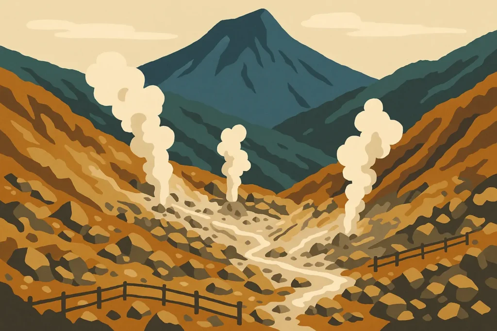 Owakudani volcanic valley with steaming vents and black eggs