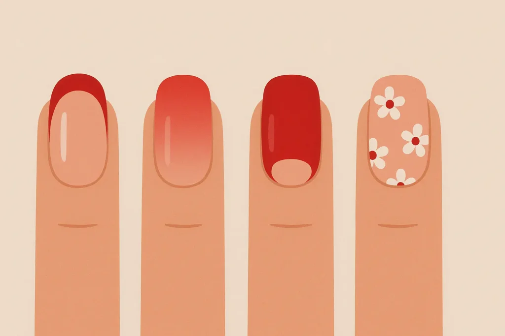 Red nail art designs including French tips and floral patterns
