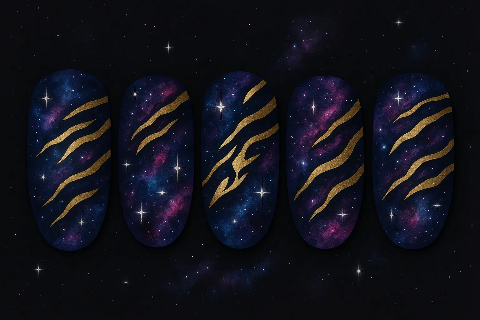 Galaxy tiger nail design with cosmic background and metallic stripes