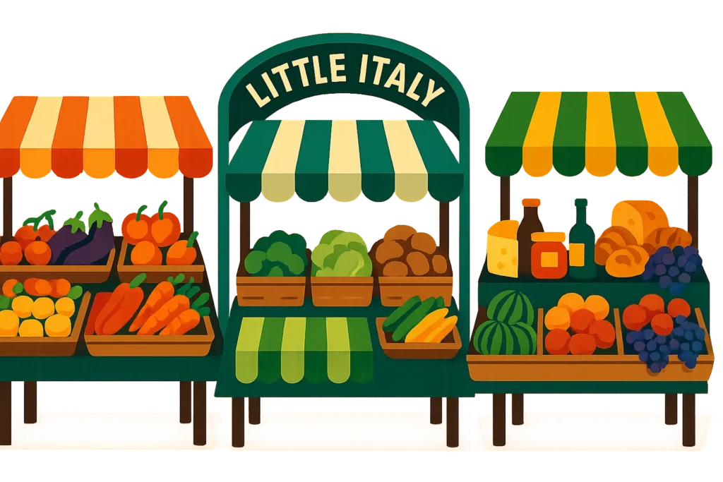 Little Italy farmers market with fresh produce and vendors