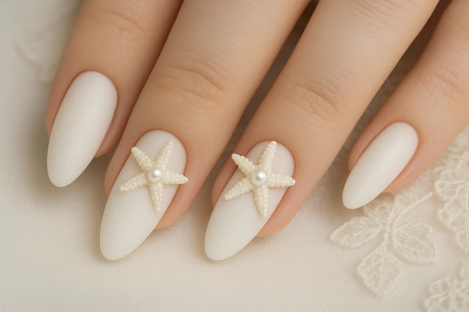 Elegant bridal starfish nail design with white and pearl accents
