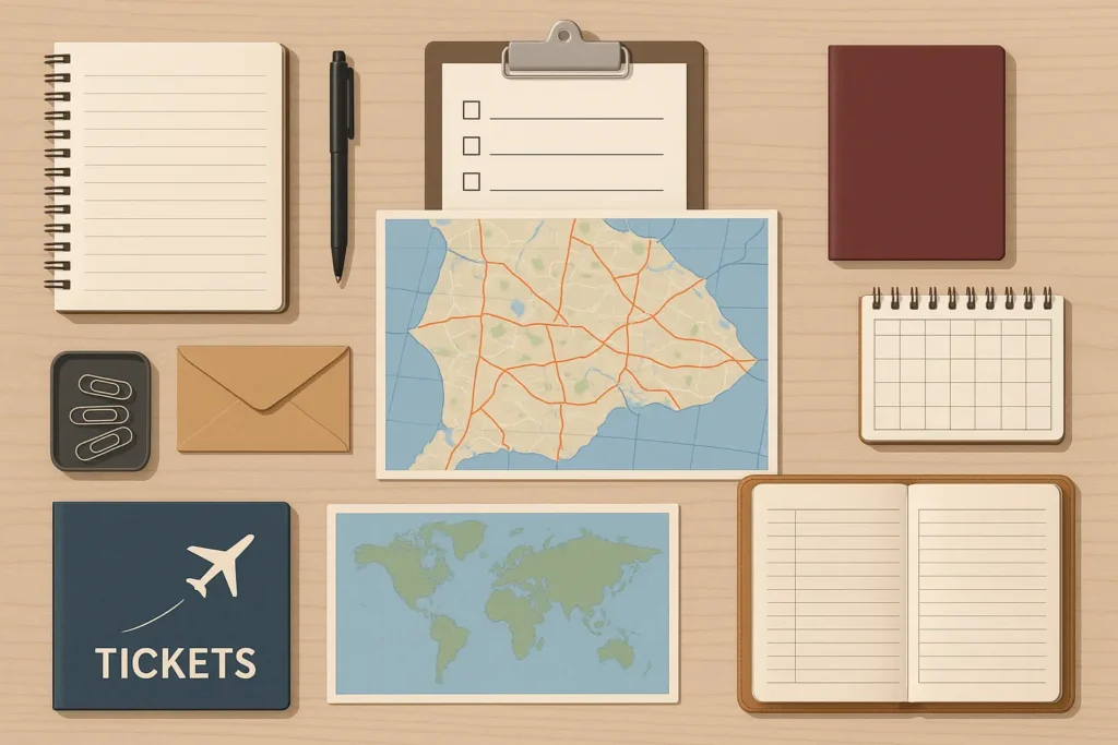 Professional wedding planner organizing travel itinerary with Japanese cultural elements