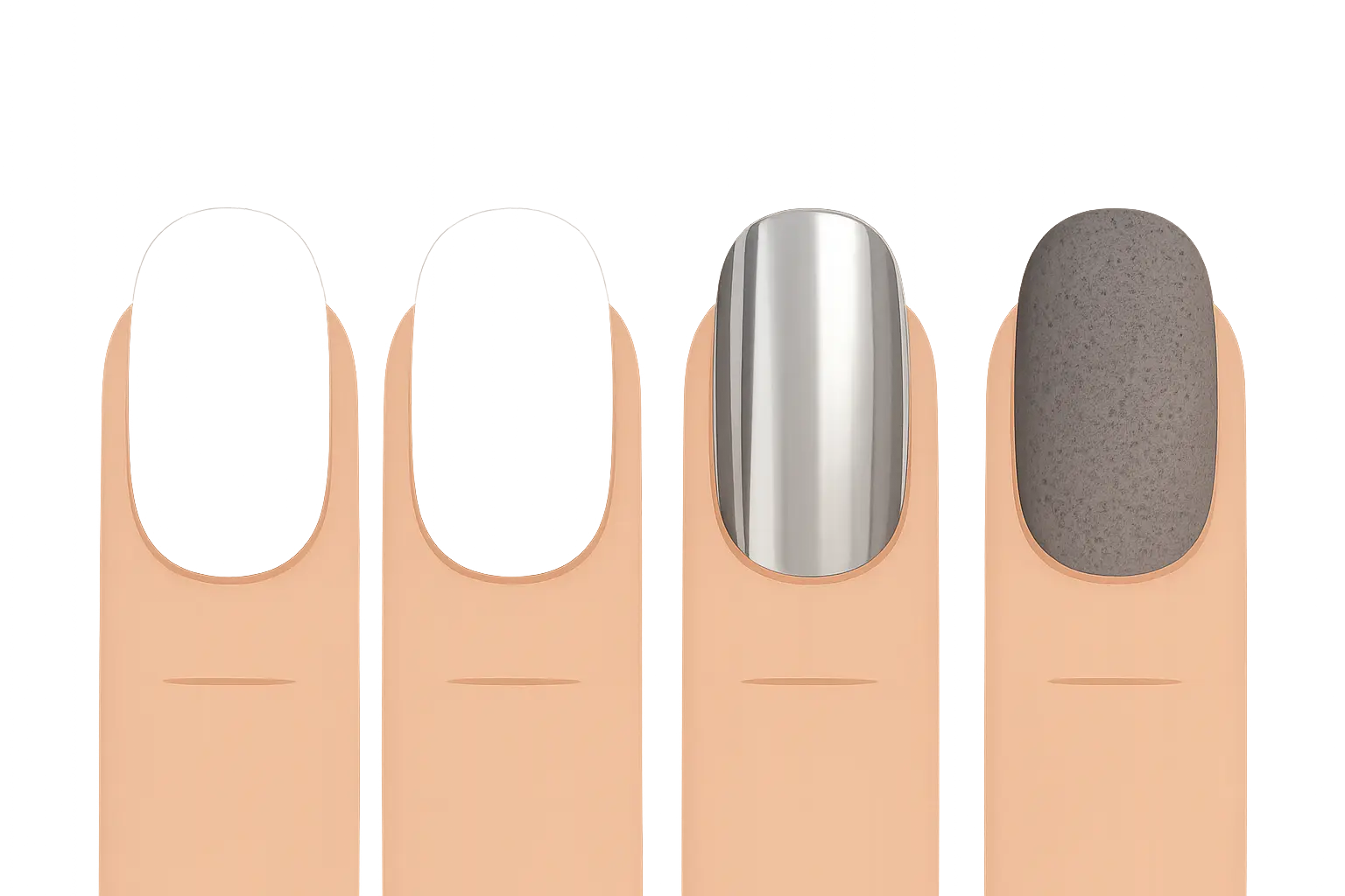 Different textured gray nail finishes showing matte, satin, and chrome effects