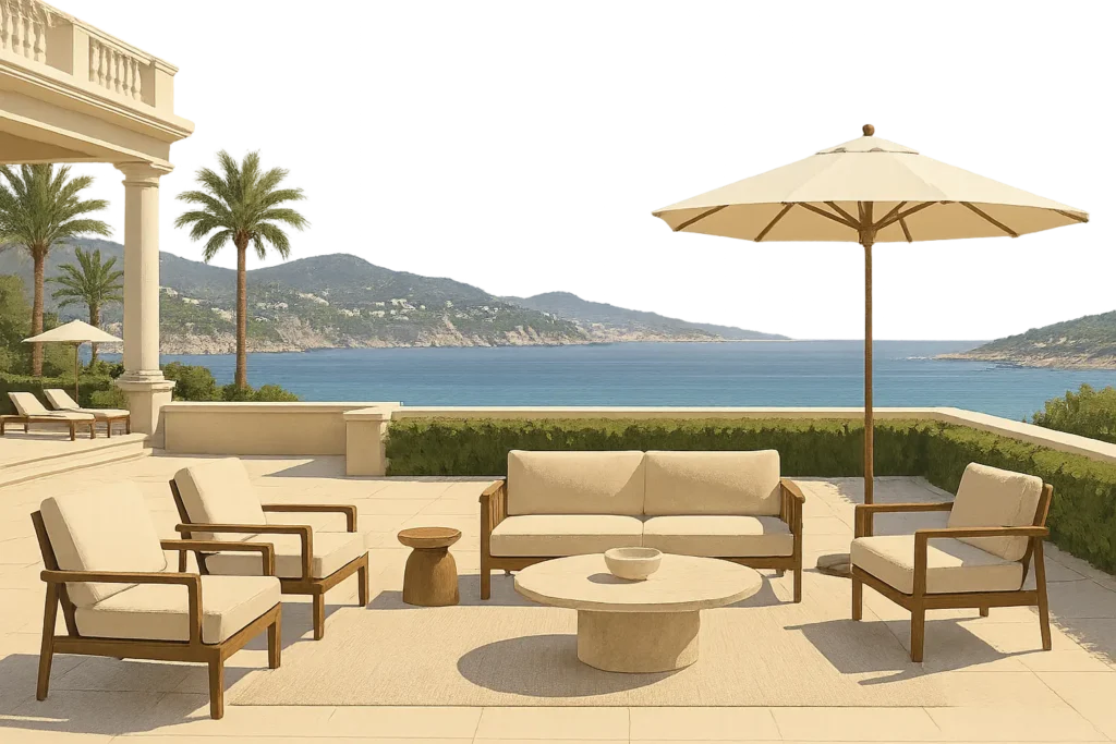 Luxury resort terrace overlooking Mediterranean Sea in Sicily