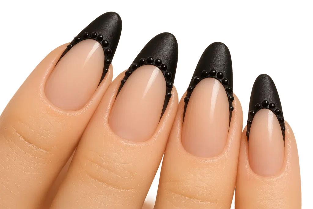 3D studded black French tip almond nails