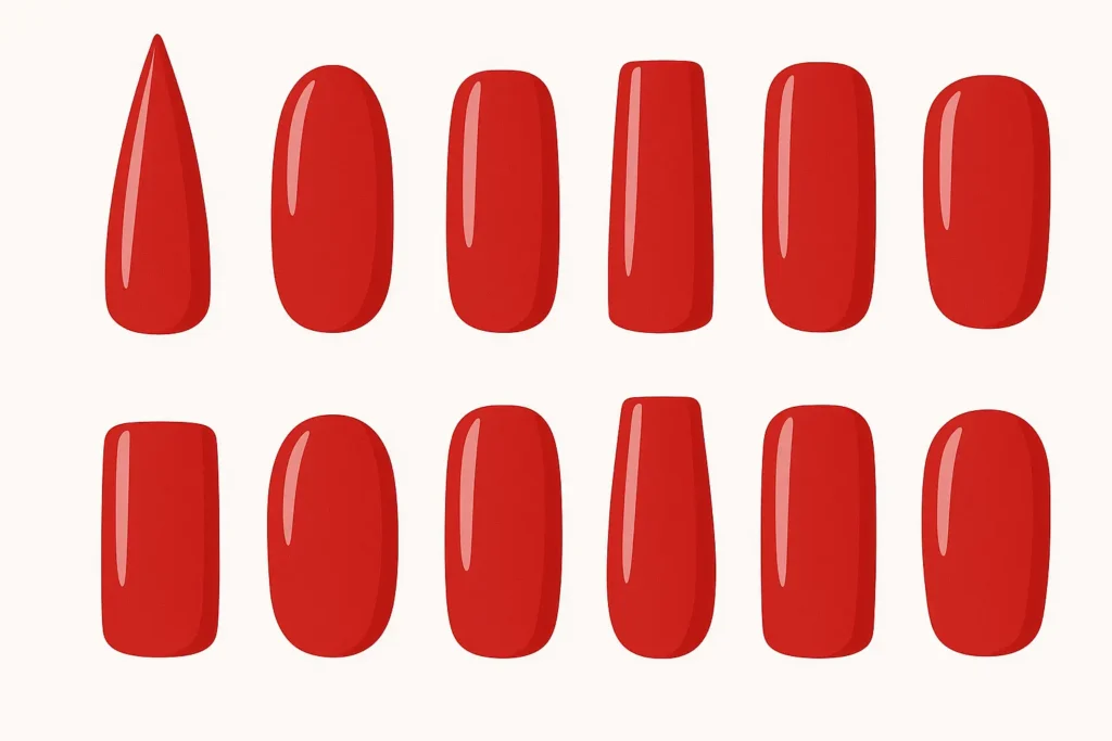 Press-on red nails in various shapes and lengths