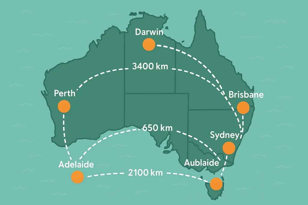 Australia transportation map showing flight routes and driving distances