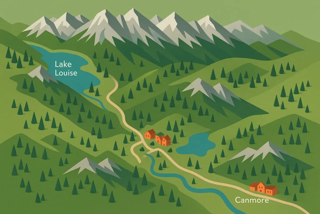Banff National Park planning map showing various attractions and hiking trails