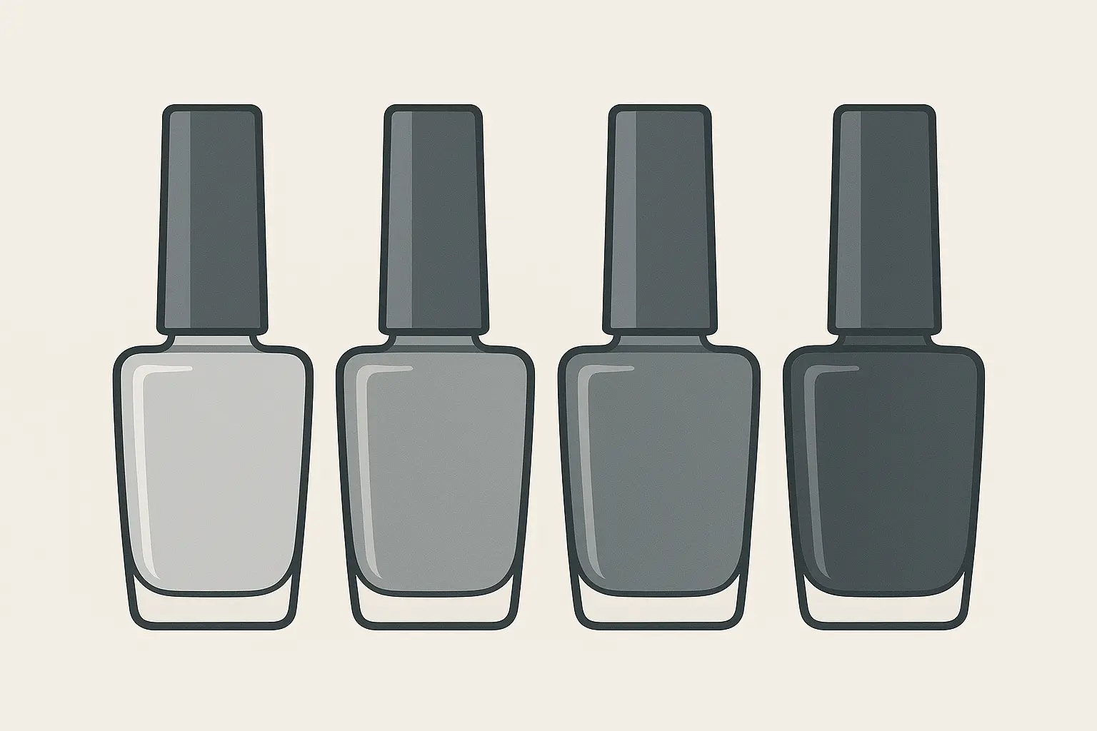 Various gray nail color samples displayed on fingertips
