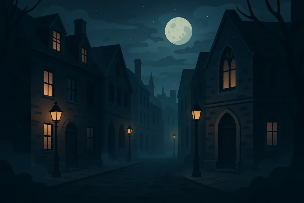 Salem street at night showing atmospheric lighting and historic buildings creating spooky ambiance