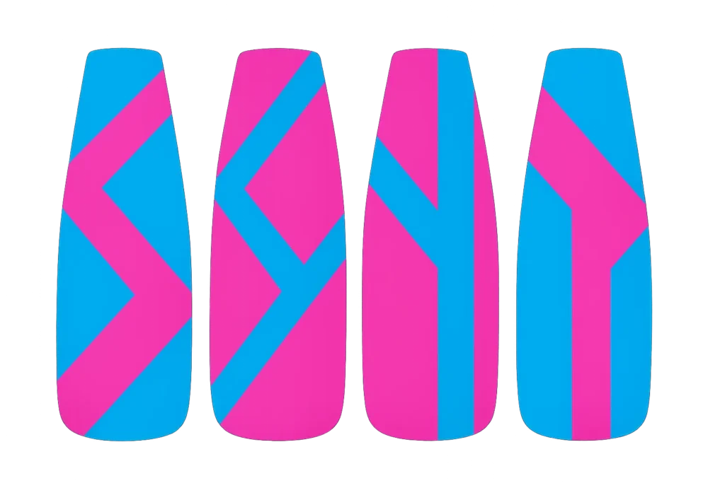 Neon color blocking coffin nails with geometric patterns