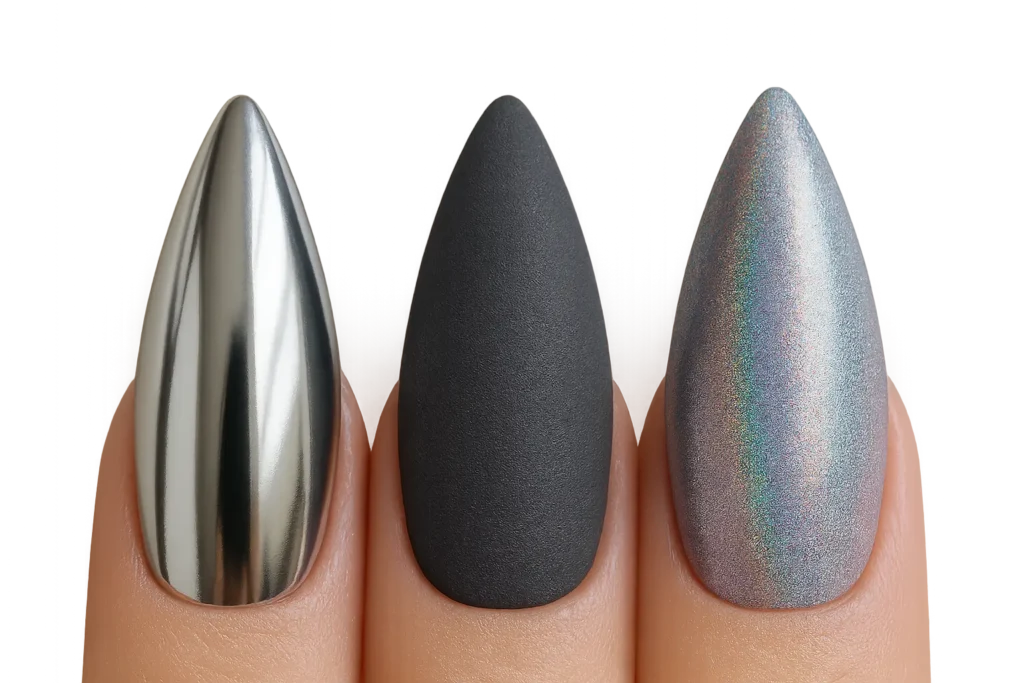 Textured stiletto nails showing chrome and dimensional effects