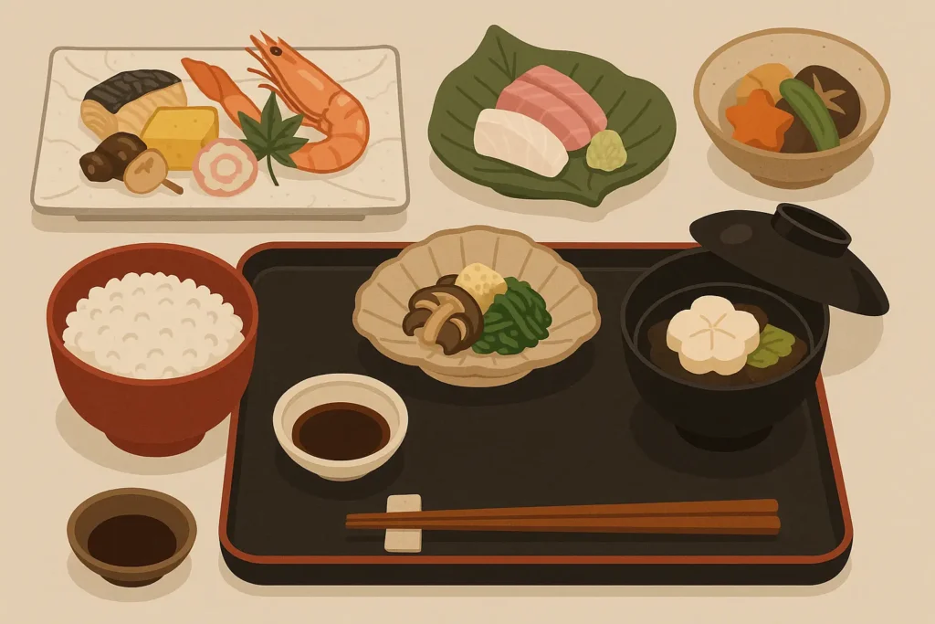 Traditional kaiseki dinner presentation with seasonal ingredients