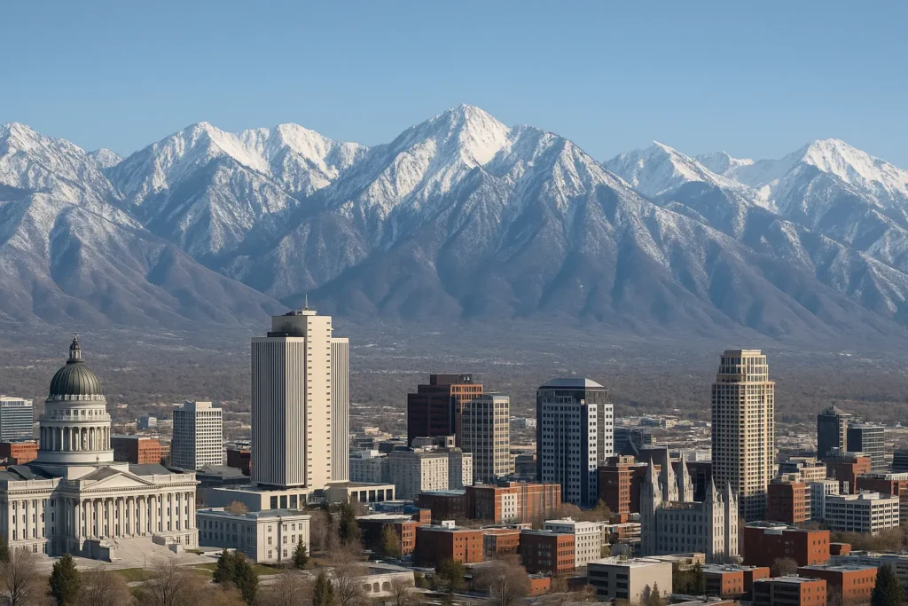 Salt Lake City winter mountain views with ski slopes