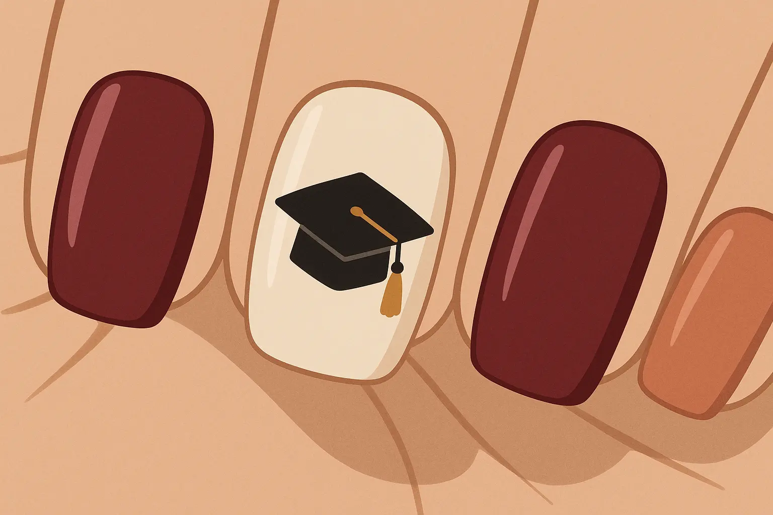 School spirit themed graduation nail designs with cap and university colors