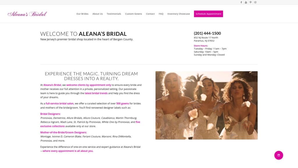 Aleana's Bridal website homepage